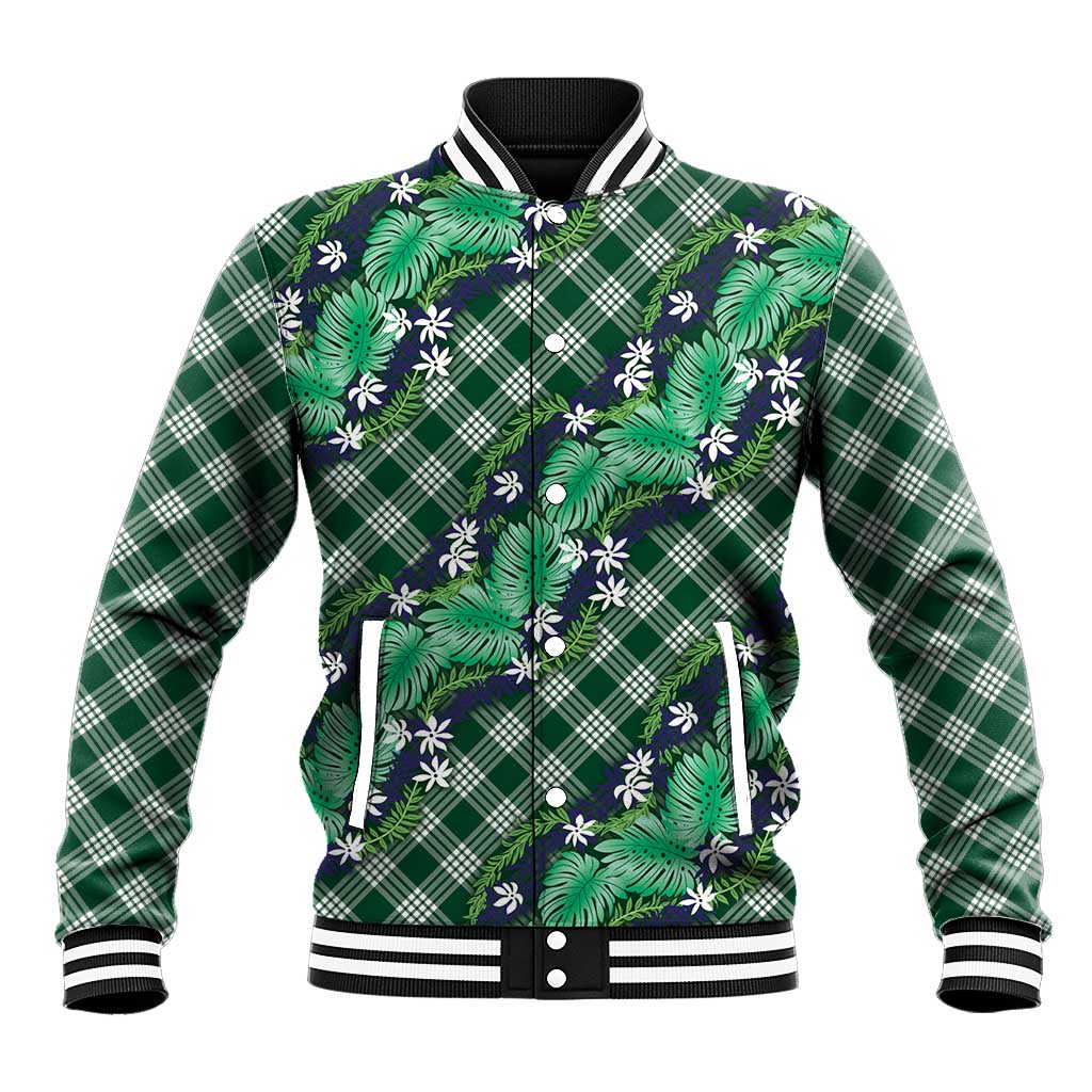 Polynesian Monstera Tiare Floral Baseball Jacket Forest Green Tropical Plaid LT01 Unisex Green - Polynesian Pride