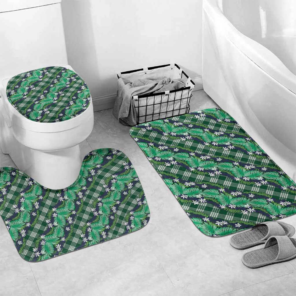 Polynesian Monstera Tiare Floral Bathroom Set Forest Green Tropical Plaid LT01 Mat Set Only (3 pcs) One Size Green - Polynesian Pride