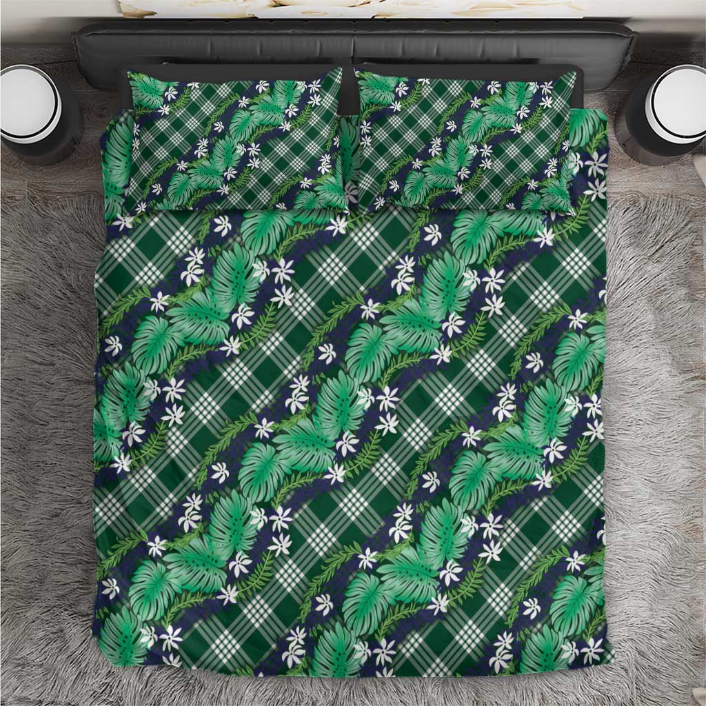 Polynesian Monstera Tiare Floral Bedding Set Forest Green Tropical Plaid LT01 Green - Polynesian Pride