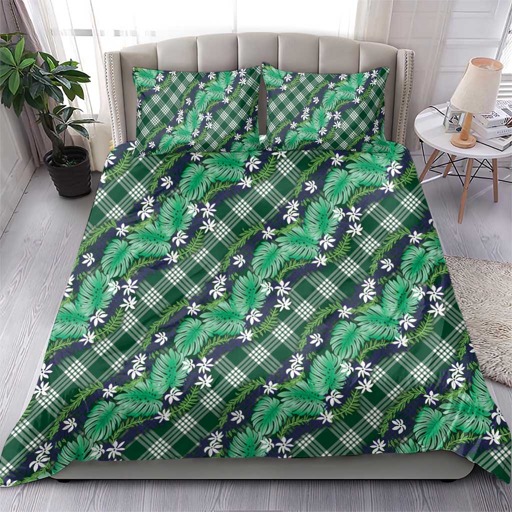 Polynesian Monstera Tiare Floral Bedding Set Forest Green Tropical Plaid LT01 - Polynesian Pride