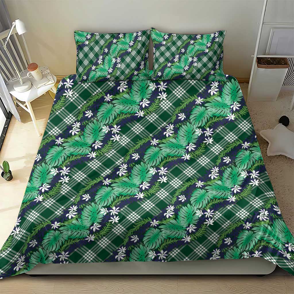 Polynesian Monstera Tiare Floral Bedding Set Forest Green Tropical Plaid LT01 - Polynesian Pride