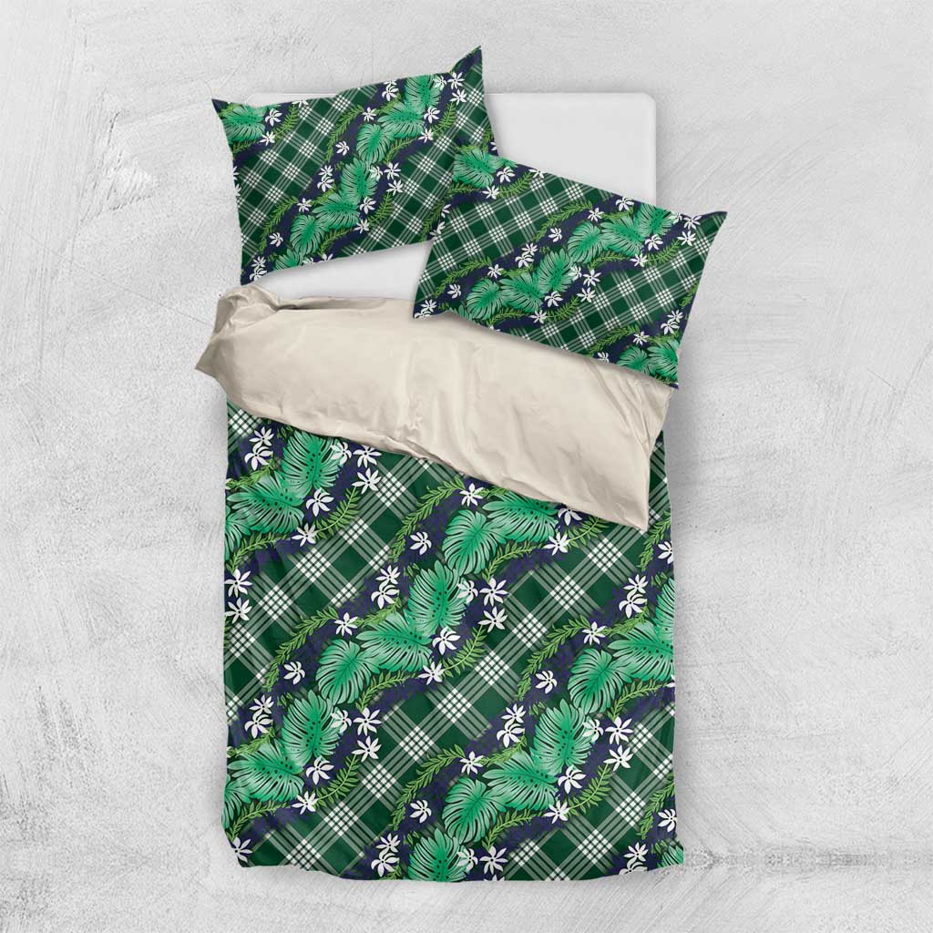 Polynesian Monstera Tiare Floral Bedding Set Forest Green Tropical Plaid LT01 US Twin 172cm x 218cm Green - Polynesian Pride