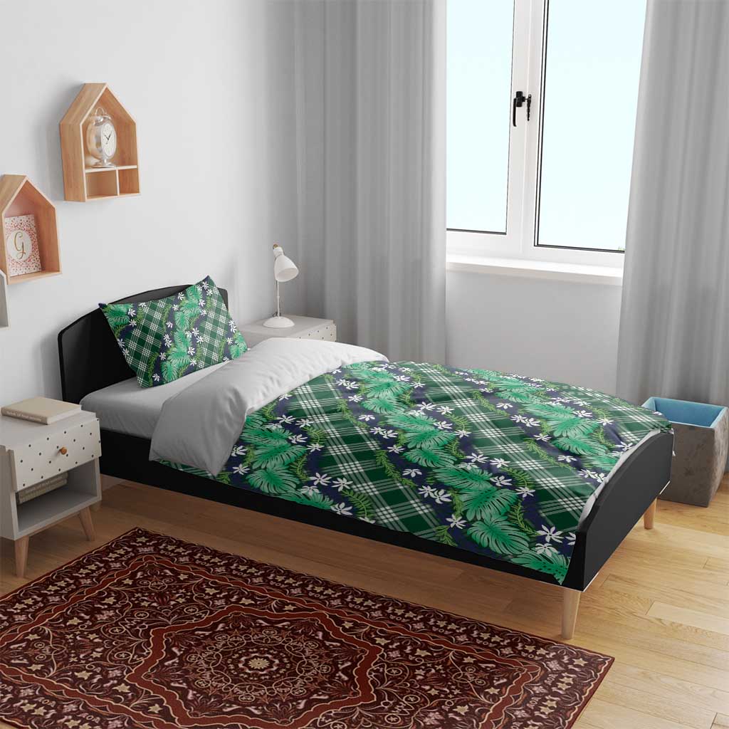 Polynesian Monstera Tiare Floral Bedding Set Forest Green Tropical Plaid LT01 - Polynesian Pride