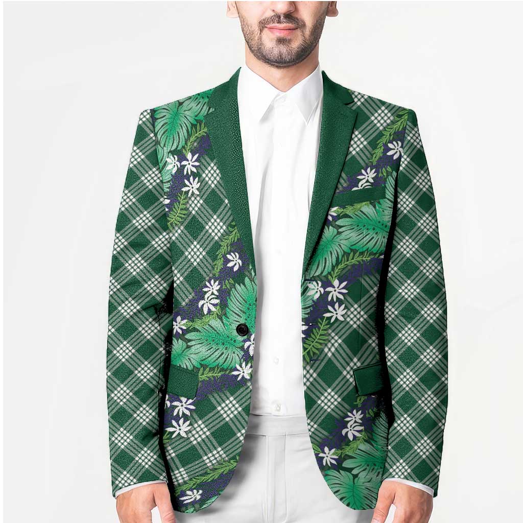 Polynesian Monstera Tiare Floral Blazer Forest Green Tropical Plaid LT01 - Polynesian Pride