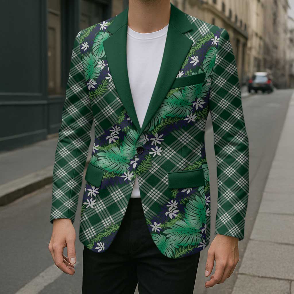 Polynesian Monstera Tiare Floral Blazer Forest Green Tropical Plaid LT01 - Polynesian Pride