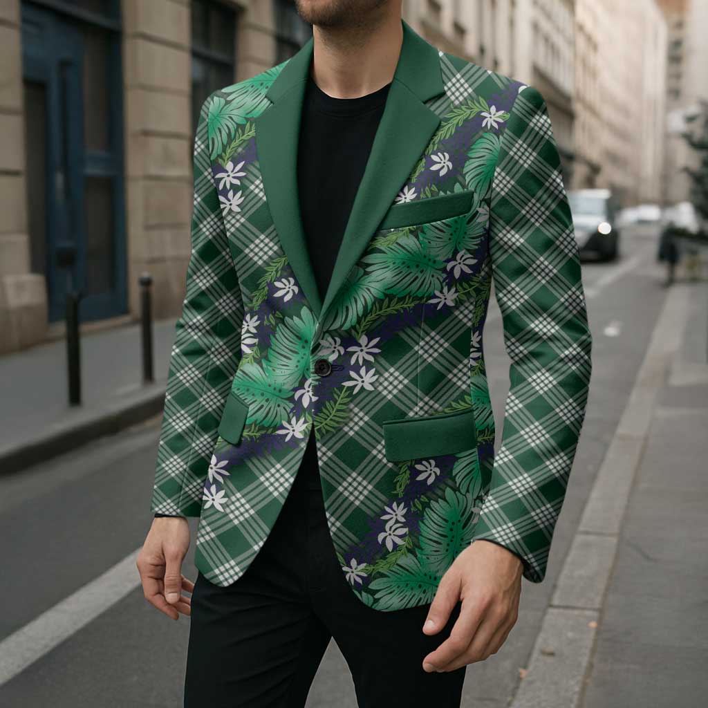 Polynesian Monstera Tiare Floral Blazer Forest Green Tropical Plaid LT01 - Polynesian Pride