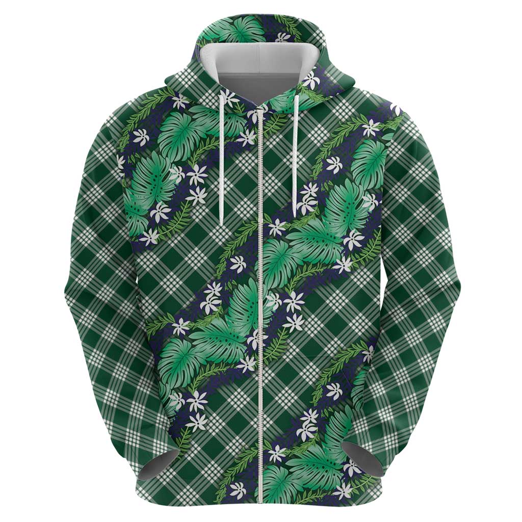 Polynesian Monstera Tiare Floral Hoodie Forest Green Tropical Plaid LT01 - Polynesian Pride
