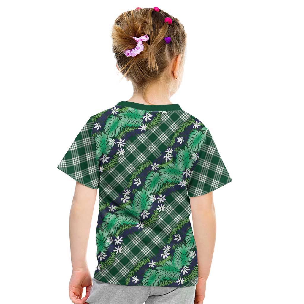 Polynesian Monstera Tiare Floral Kid T Shirt Forest Green Tropical Plaid LT01 - Polynesian Pride