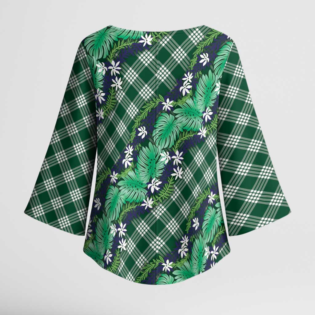 Polynesian Monstera Tiare Floral Kimono Sleeve Blouse Forest Green Tropical Plaid LT01 - Polynesian Pride