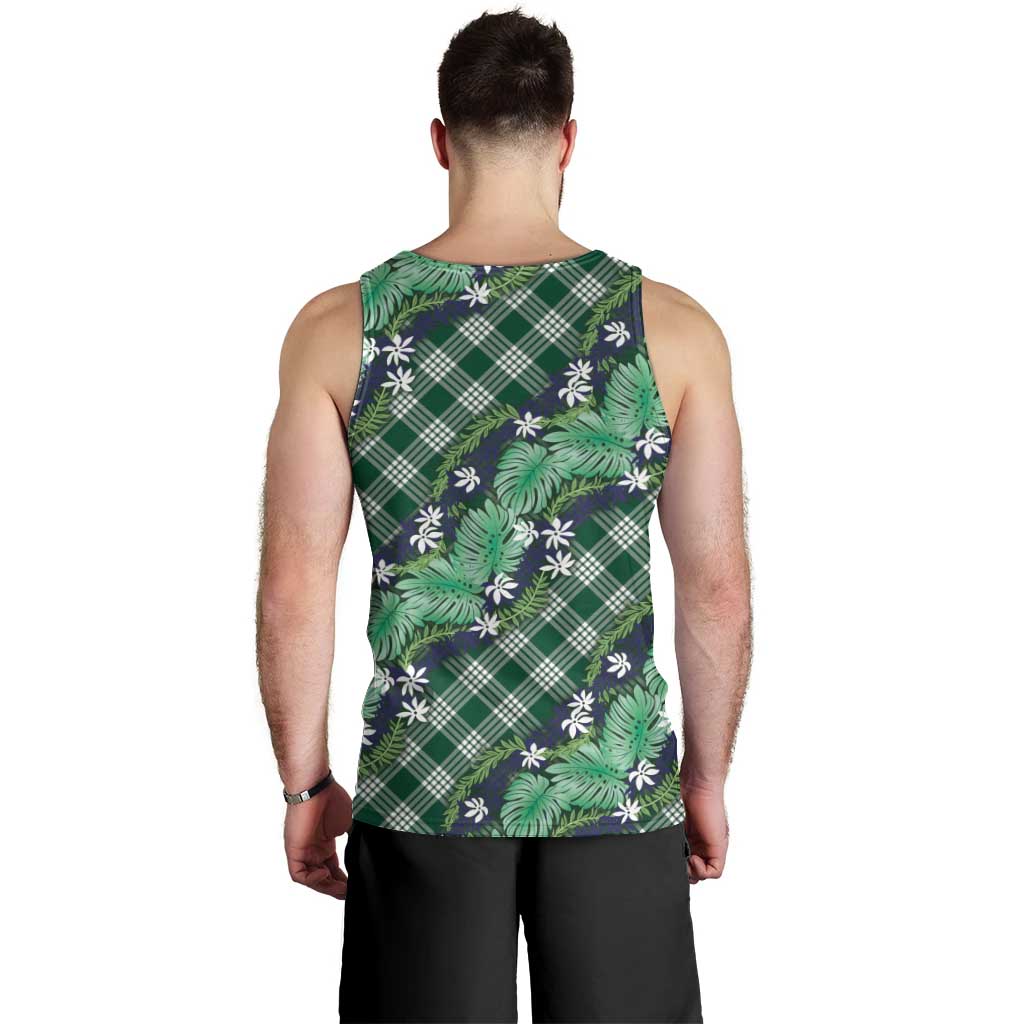 Polynesian Monstera Tiare Floral Men Tank Top Forest Green Tropical Plaid LT01 - Polynesian Pride