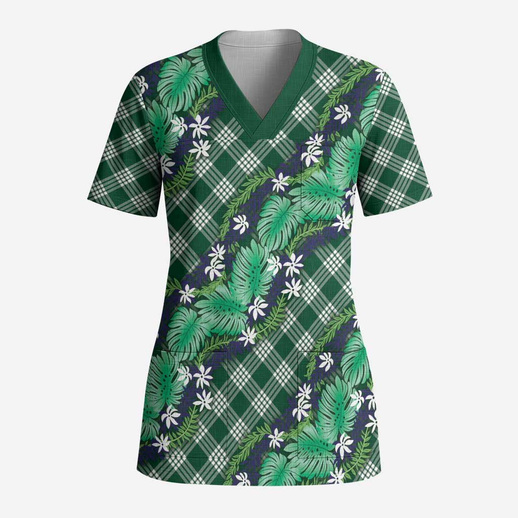 Polynesian Monstera Tiare Floral Scrub Top Forest Green Tropical Plaid LT01 Adult Green - Polynesian Pride