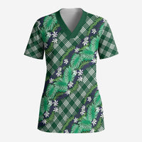 Polynesian Monstera Tiare Floral Scrub Top Forest Green Tropical Plaid LT01 Adult Green - Polynesian Pride
