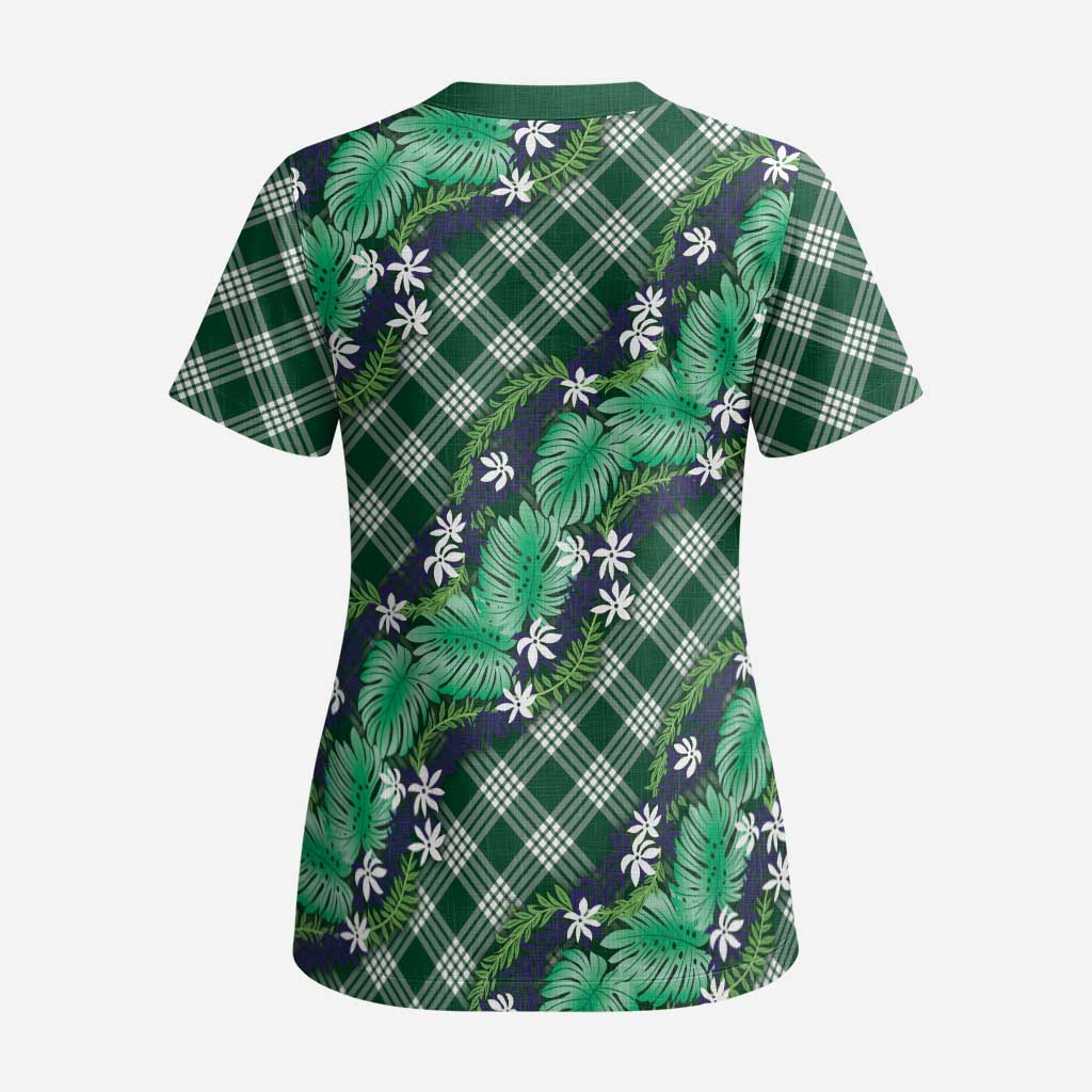Polynesian Monstera Tiare Floral Scrub Top Forest Green Tropical Plaid LT01 - Polynesian Pride