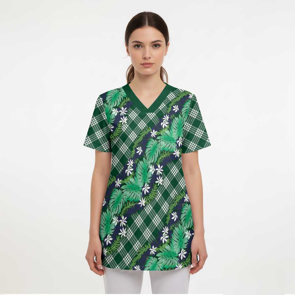 Polynesian Monstera Tiare Floral Scrub Top Forest Green Tropical Plaid LT01 - Polynesian Pride