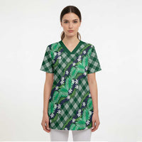 Polynesian Monstera Tiare Floral Scrub Top Forest Green Tropical Plaid LT01 - Polynesian Pride