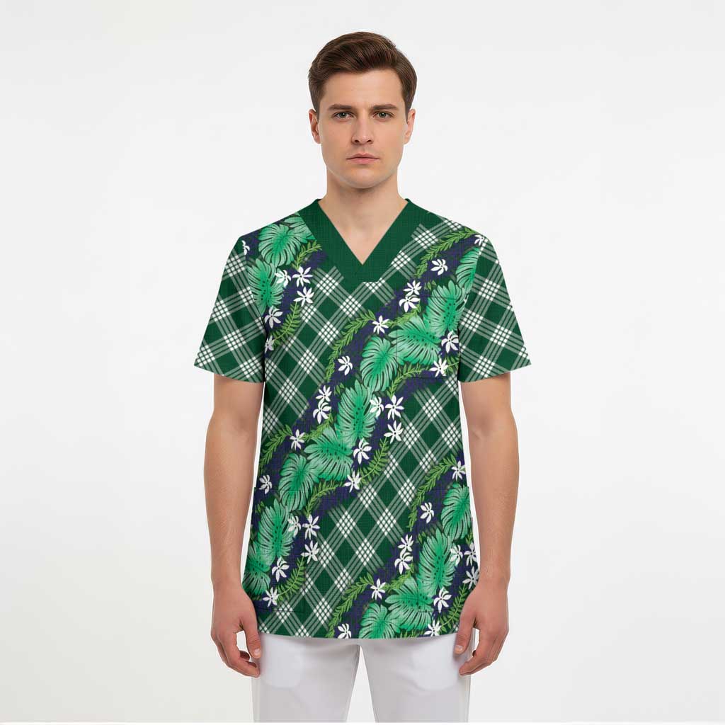 Polynesian Monstera Tiare Floral Scrub Top Forest Green Tropical Plaid LT01 - Polynesian Pride