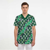 Polynesian Monstera Tiare Floral Scrub Top Forest Green Tropical Plaid LT01 - Polynesian Pride