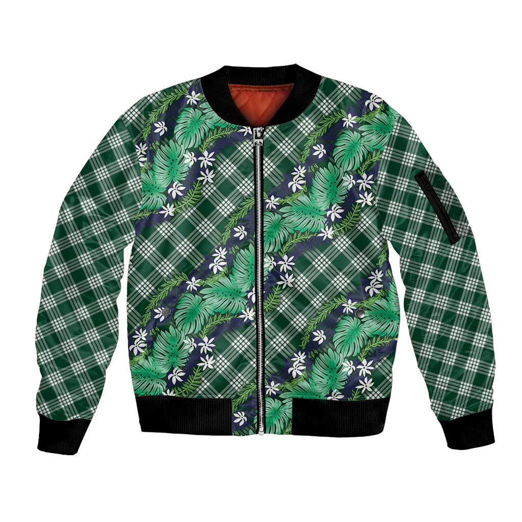 Polynesian Monstera Tiare Floral Sleeve Zip Bomber Jacket Forest Green Tropical Plaid LT01 Unisex Green - Polynesian Pride