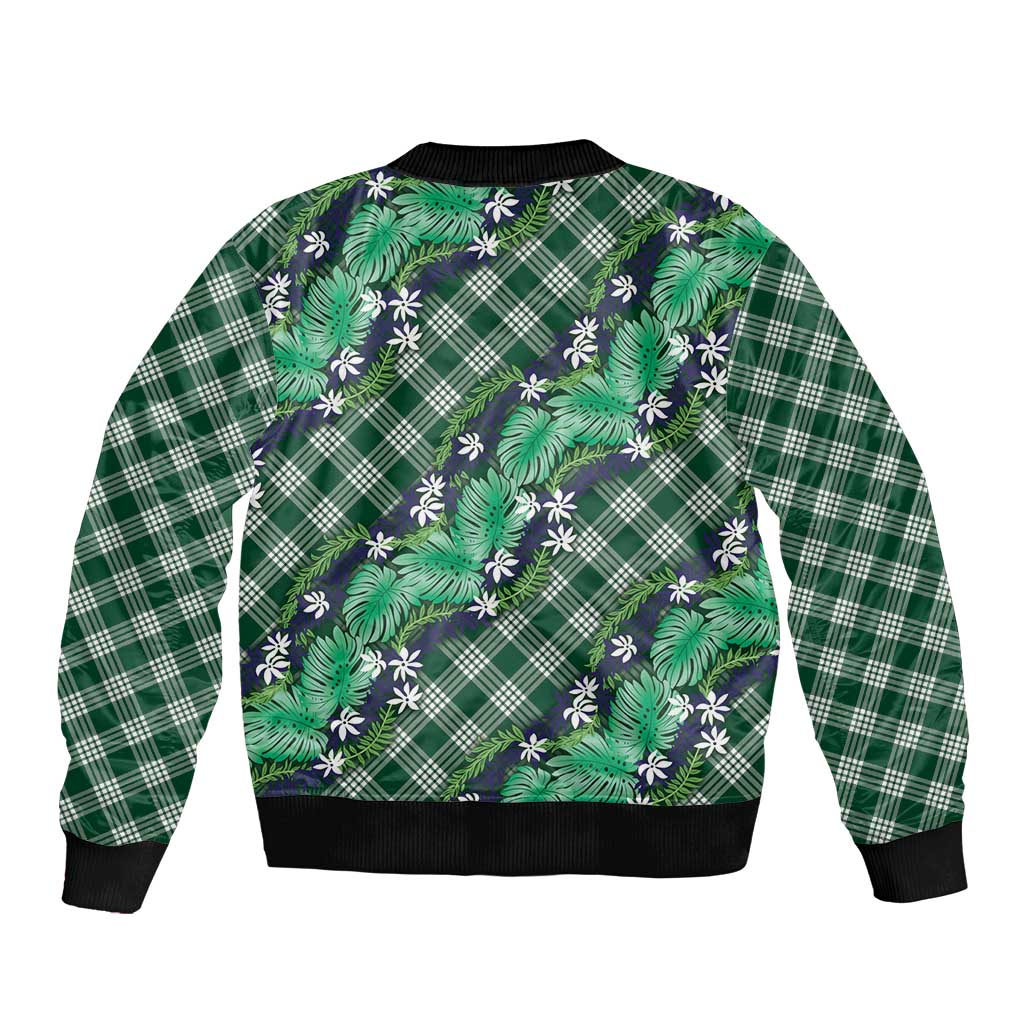 Polynesian Monstera Tiare Floral Sleeve Zip Bomber Jacket Forest Green Tropical Plaid LT01 - Polynesian Pride