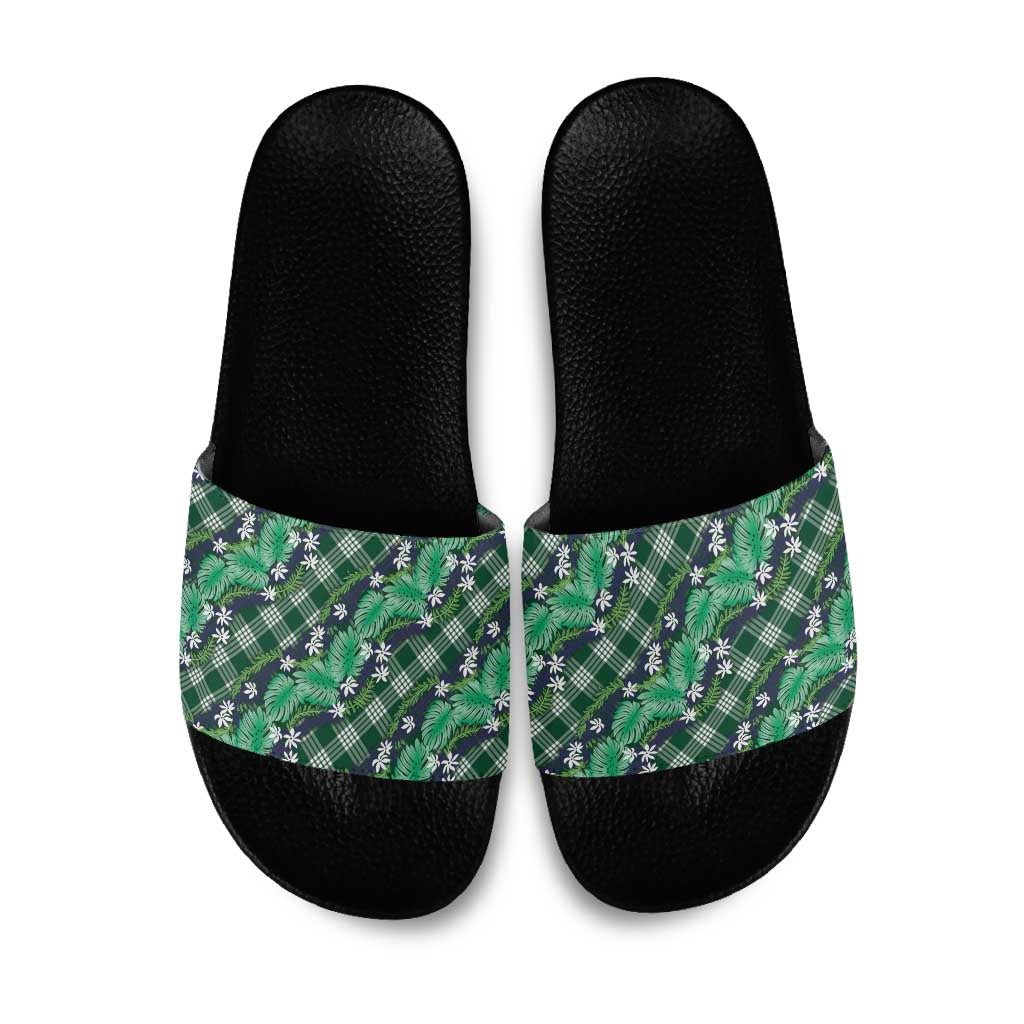 Polynesian Monstera Tiare Floral Slide Sandals Forest Green Tropical Plaid LT01 Green - Polynesian Pride