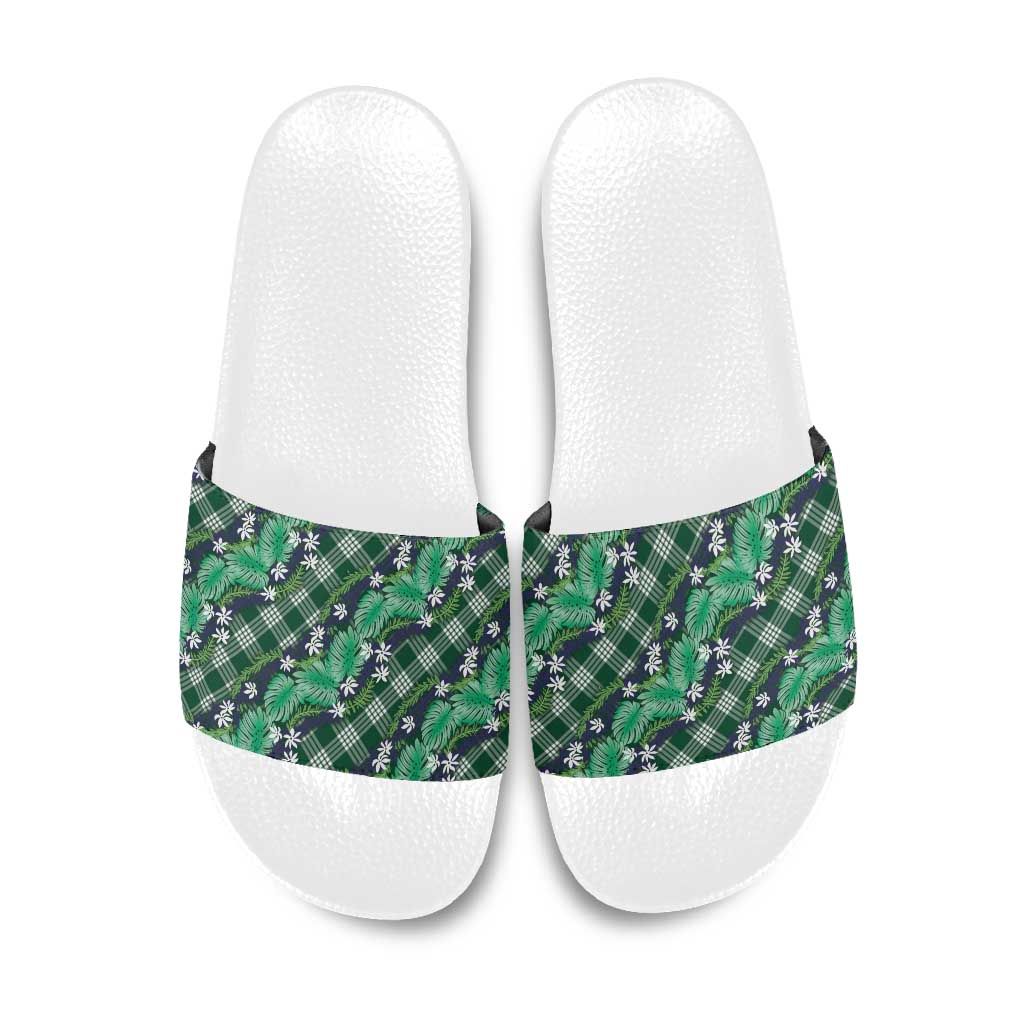 Polynesian Monstera Tiare Floral Slide Sandals Forest Green Tropical Plaid LT01 Green - Polynesian Pride