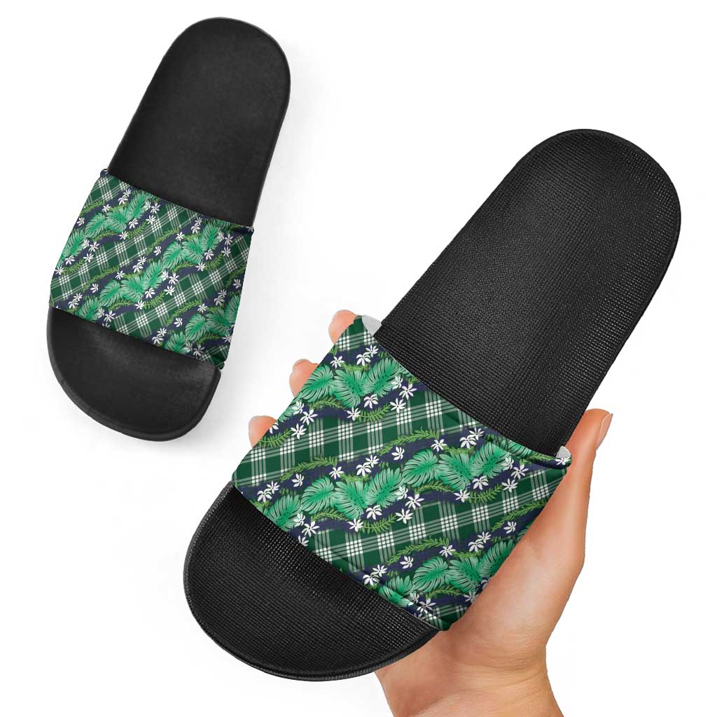 Polynesian Monstera Tiare Floral Slide Sandals Forest Green Tropical Plaid LT01 - Polynesian Pride
