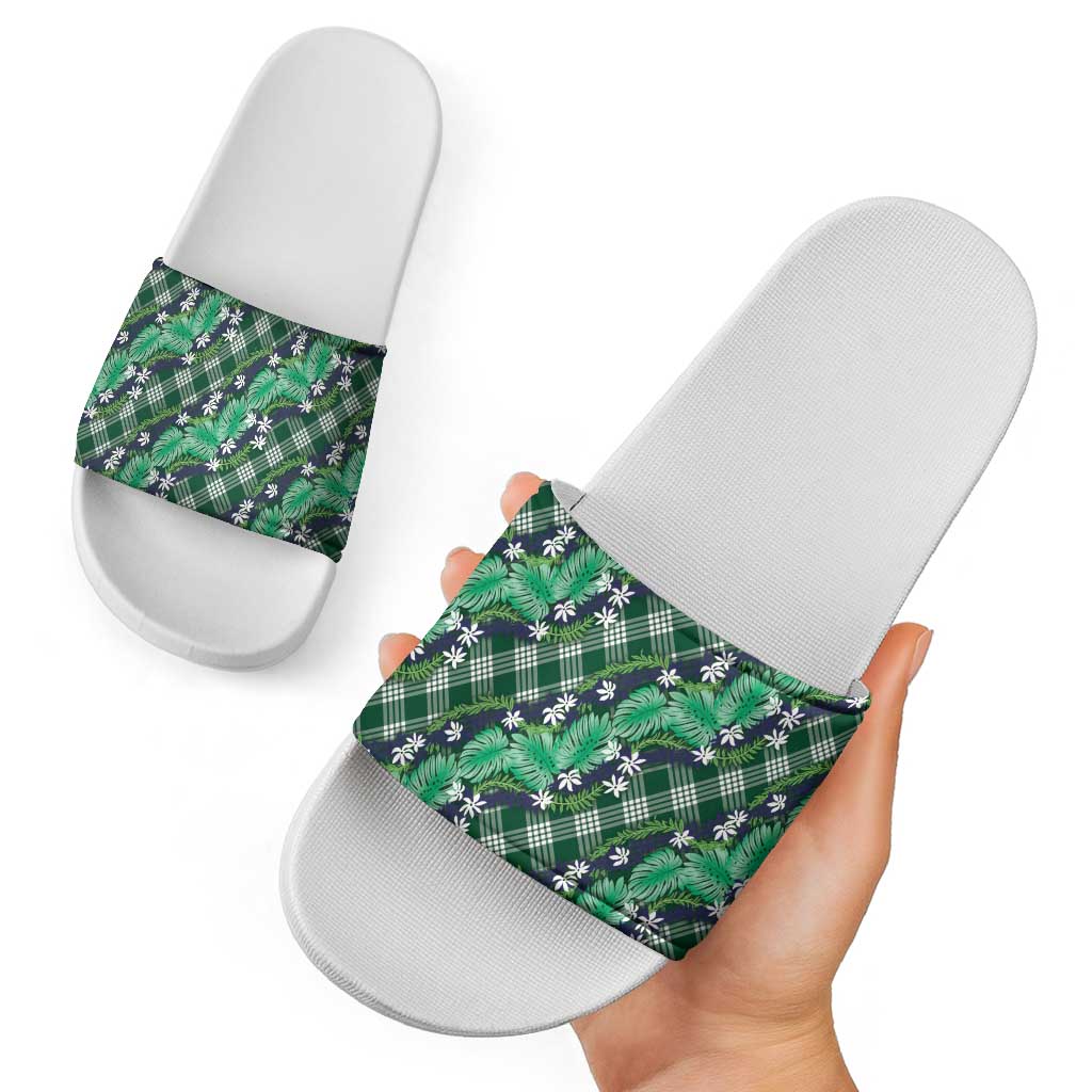 Polynesian Monstera Tiare Floral Slide Sandals Forest Green Tropical Plaid LT01 - Polynesian Pride