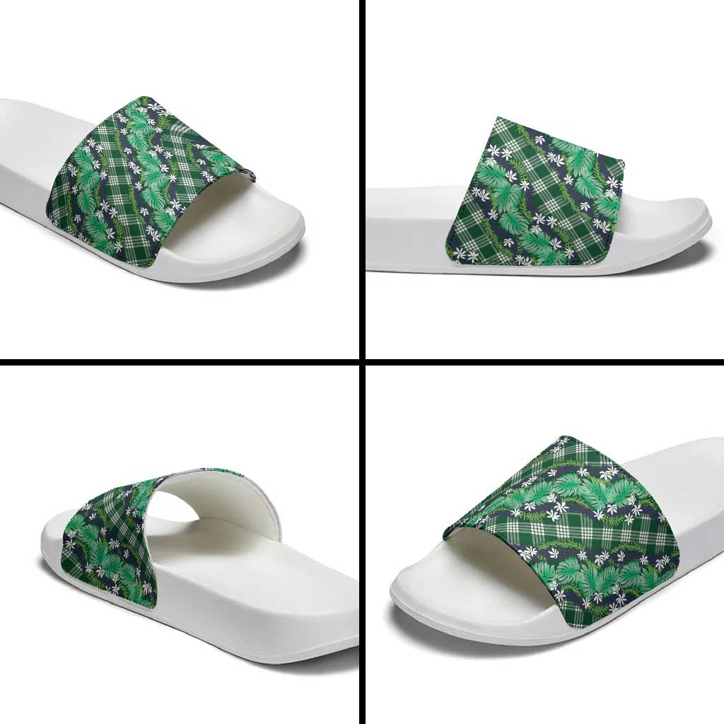 Polynesian Monstera Tiare Floral Slide Sandals Forest Green Tropical Plaid LT01 - Polynesian Pride