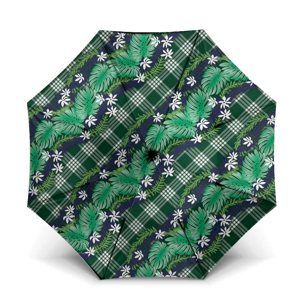 Polynesian Monstera Tiare Floral Umbrella Forest Green Tropical Plaid LT01 One Size Folded 11.42 inch Opened Diameter 37.4 inch Green - Polynesian Pride