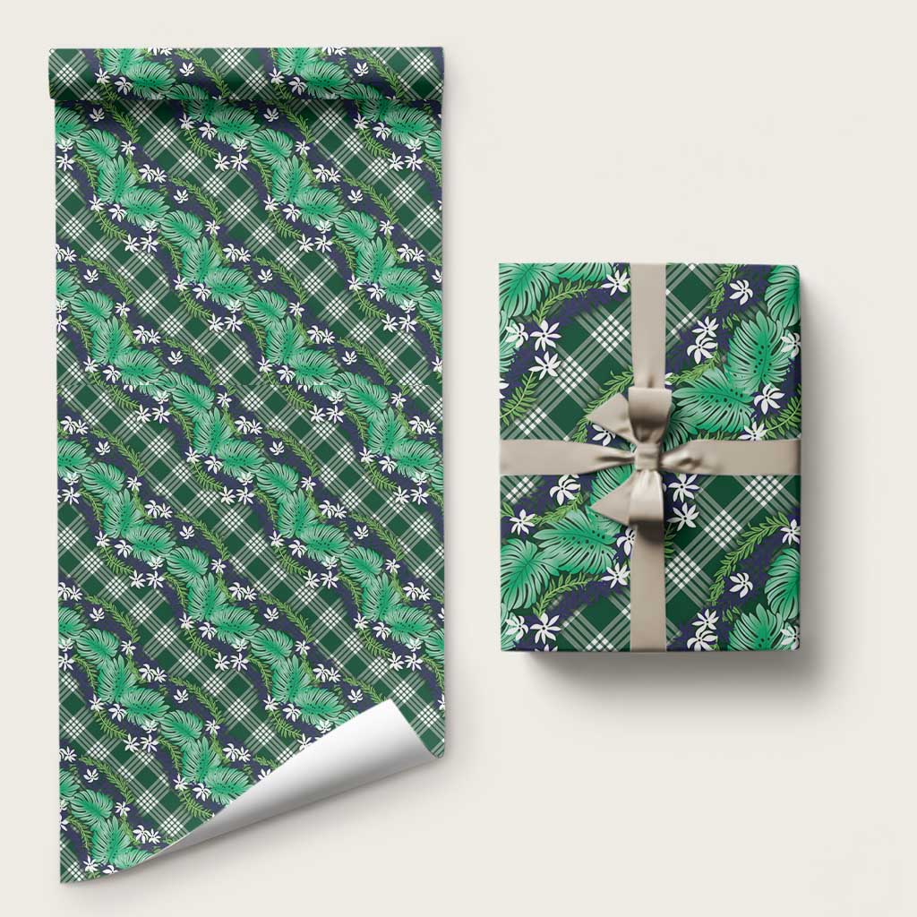 Polynesian Monstera Tiare Floral Wrapping Paper Forest Green Tropical Plaid LT01 58" × 23" Green - Polynesian Pride