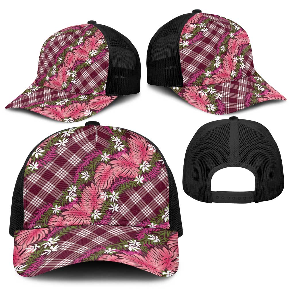 Polynesian Monstera Tiare Floral Baseball Net Cap Fuchsia Tropical Plaid LT01 - Polynesian Pride