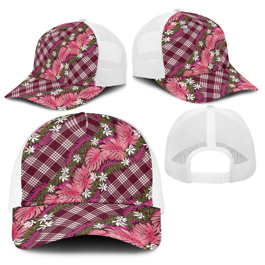 Polynesian Monstera Tiare Floral Baseball Net Cap Fuchsia Tropical Plaid LT01 - Polynesian Pride