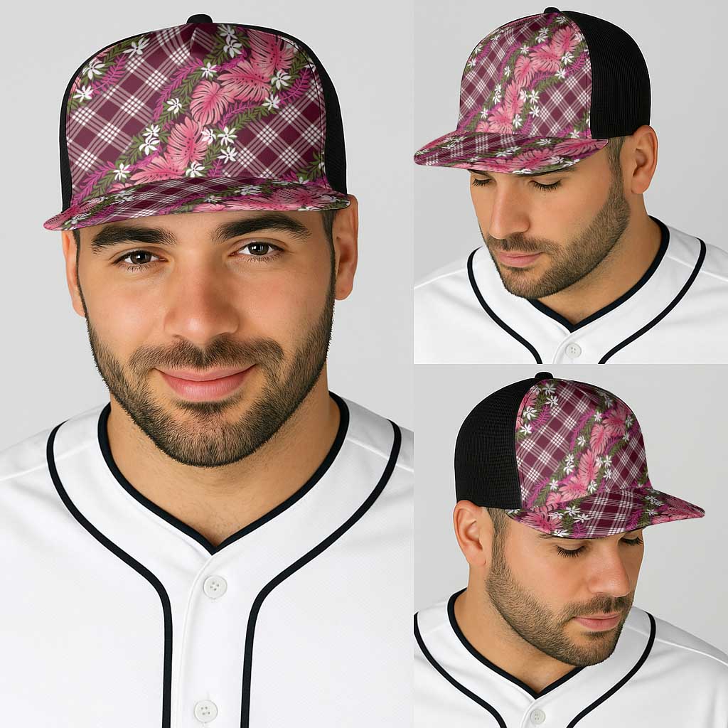 Polynesian Monstera Tiare Floral Baseball Net Cap Fuchsia Tropical Plaid LT01 - Polynesian Pride