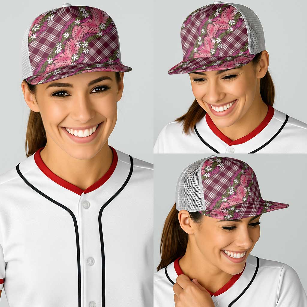 Polynesian Monstera Tiare Floral Baseball Net Cap Fuchsia Tropical Plaid LT01 - Polynesian Pride