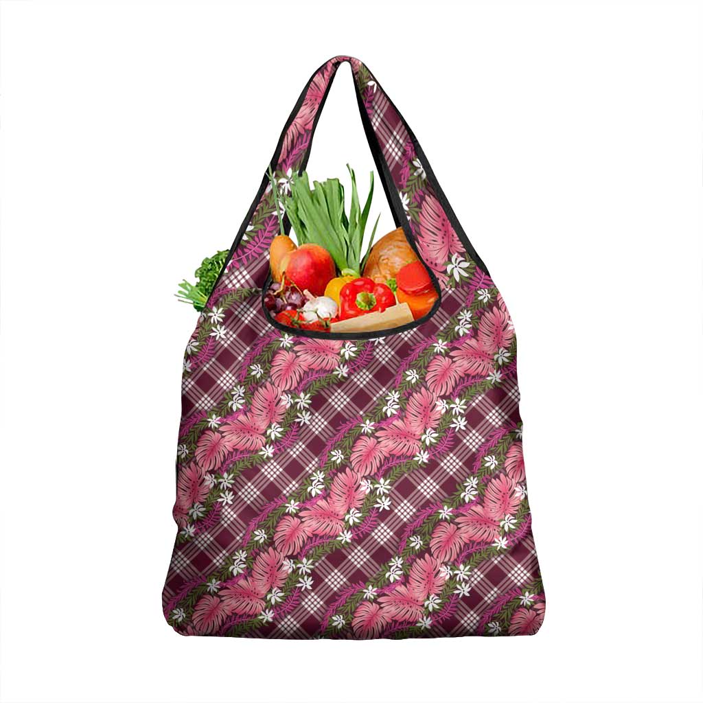 Polynesian Monstera Tiare Floral Grocery Bag Fuchsia Tropical Plaid LT01 1-pack One Size Pink - Polynesian Pride