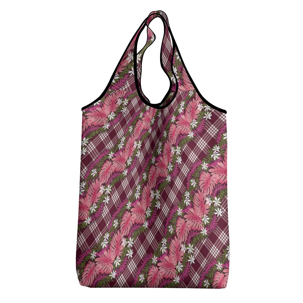 Polynesian Monstera Tiare Floral Grocery Bag Fuchsia Tropical Plaid LT01 - Polynesian Pride