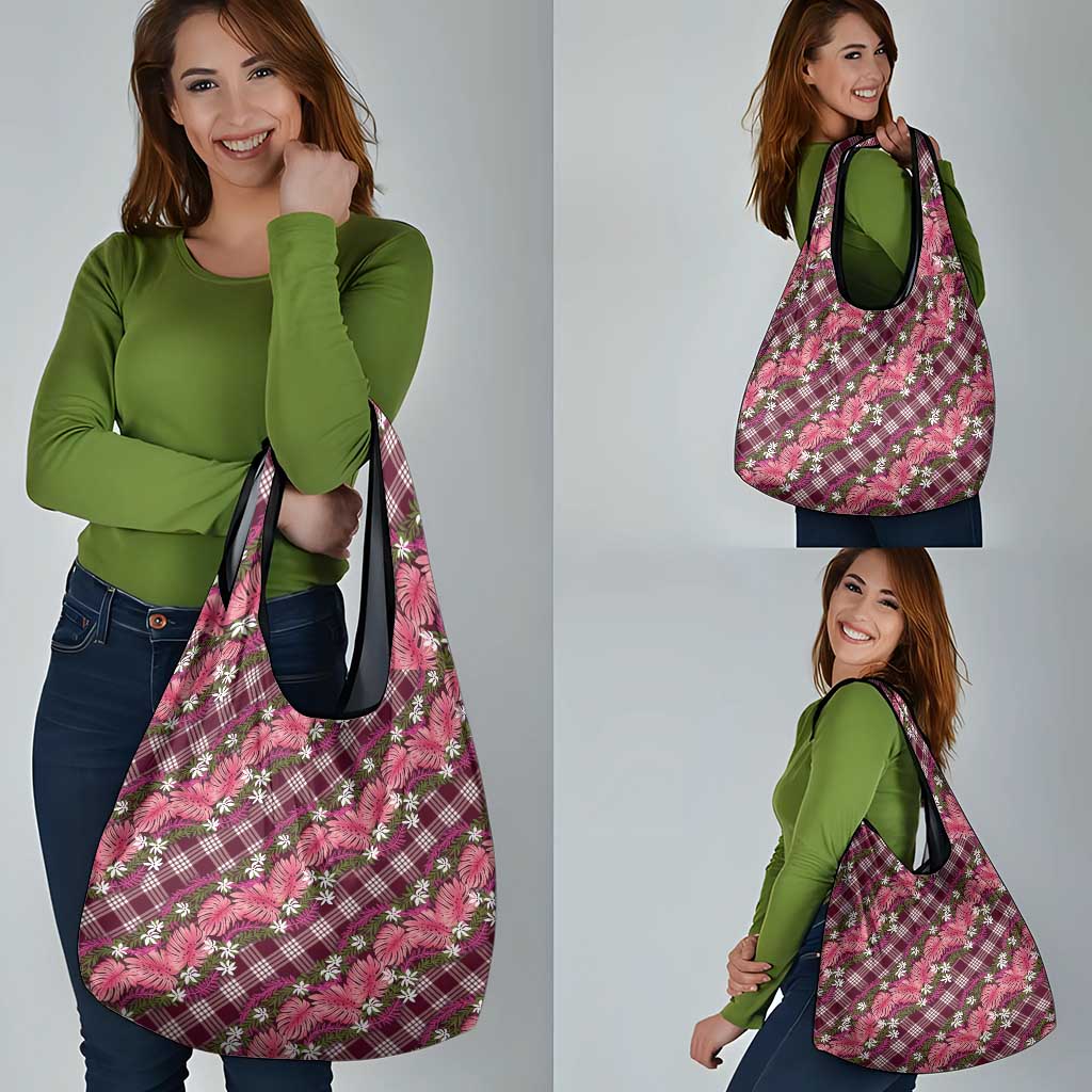 Polynesian Monstera Tiare Floral Grocery Bag Fuchsia Tropical Plaid LT01 - Polynesian Pride