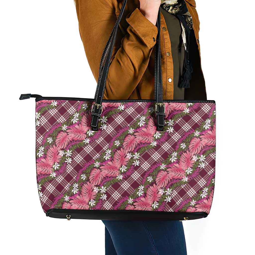Polynesian Monstera Tiare Floral Leather Tote Bag Fuchsia Tropical Plaid LT01 - Polynesian Pride
