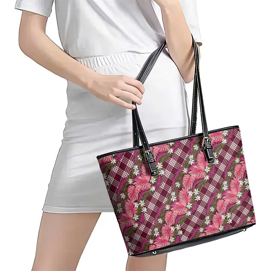 Polynesian Monstera Tiare Floral Leather Tote Bag Fuchsia Tropical Plaid LT01 - Polynesian Pride