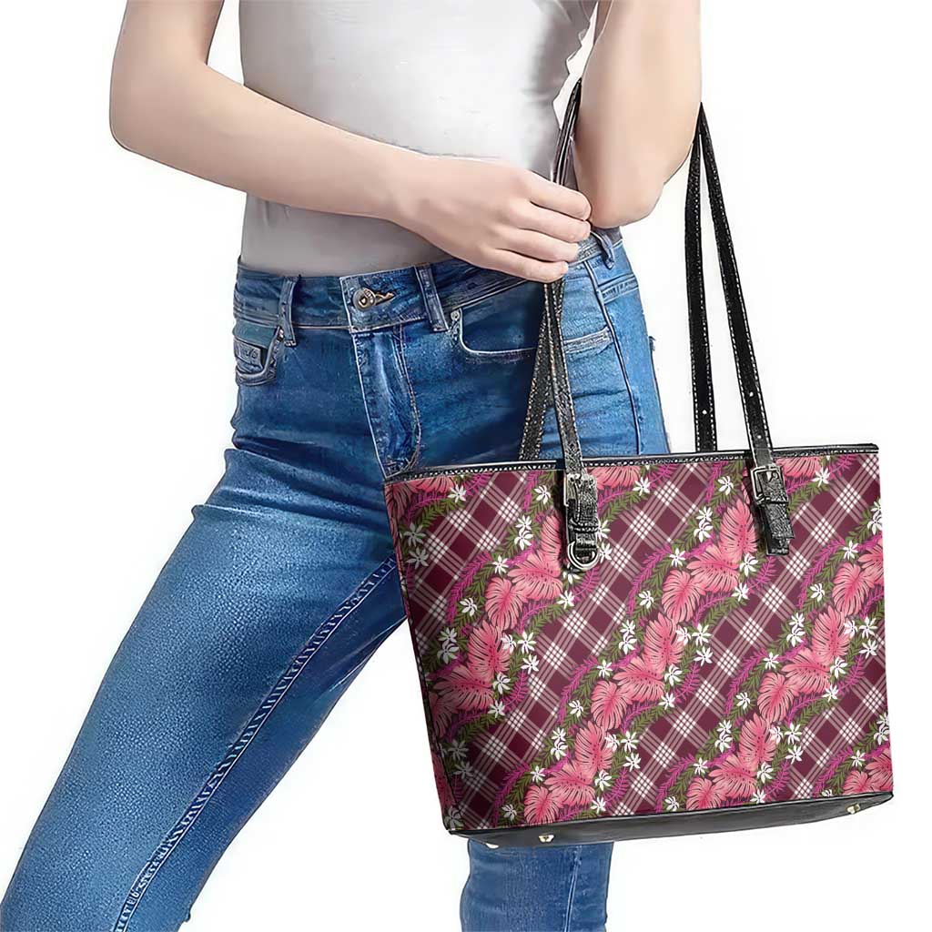 Polynesian Monstera Tiare Floral Leather Tote Bag Fuchsia Tropical Plaid LT01 - Polynesian Pride