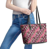 Polynesian Monstera Tiare Floral Leather Tote Bag Fuchsia Tropical Plaid LT01 - Polynesian Pride