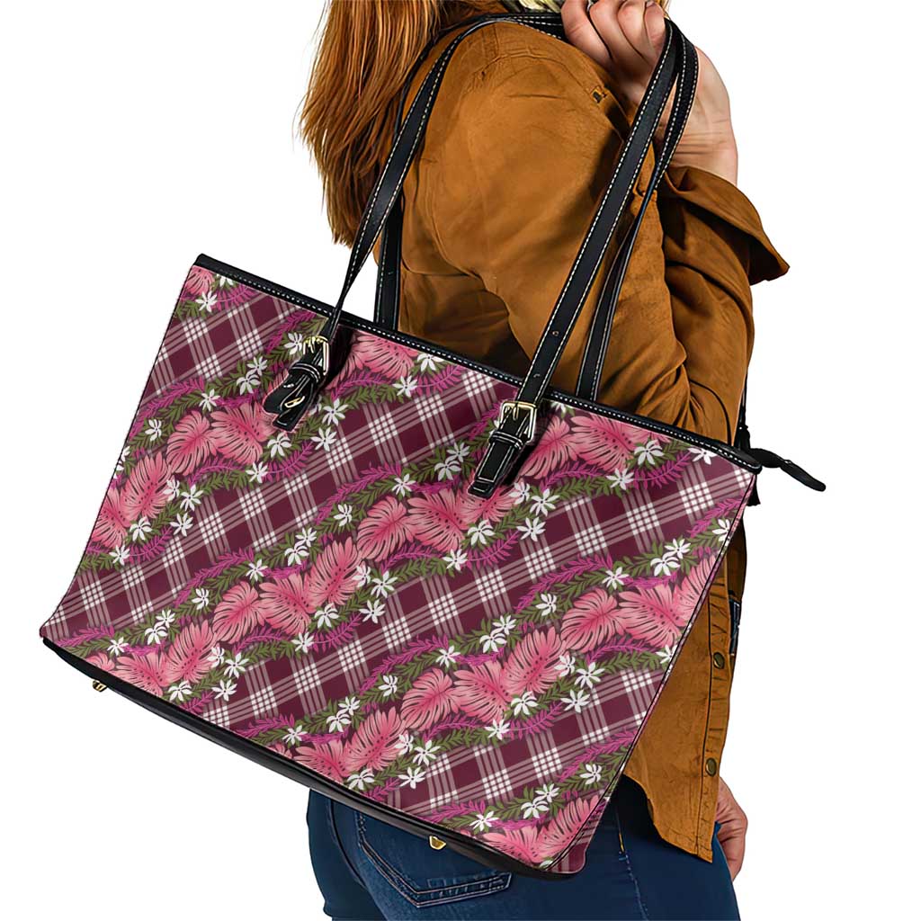 Polynesian Monstera Tiare Floral Leather Tote Bag Fuchsia Tropical Plaid LT01 - Polynesian Pride