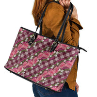 Polynesian Monstera Tiare Floral Leather Tote Bag Fuchsia Tropical Plaid LT01 - Polynesian Pride