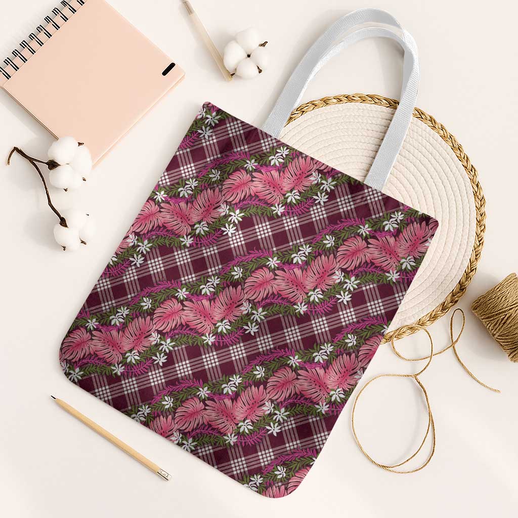 Polynesian Monstera Tiare Floral Tote Bag Fuchsia Tropical Plaid LT01 White Strap One Size Pink - Polynesian Pride