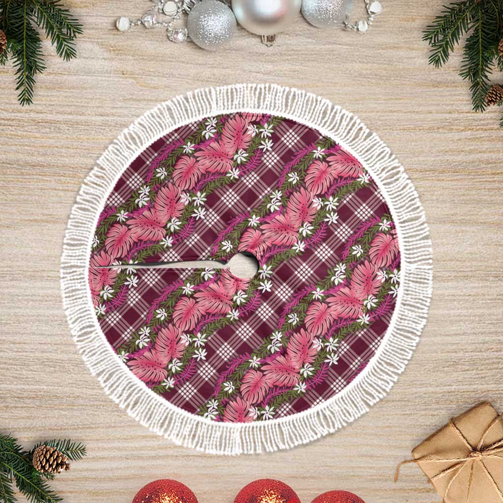 Polynesian Monstera Tiare Floral Tree Skirt Fuchsia Tropical Plaid LT01 Fringed Pink - Polynesian Pride