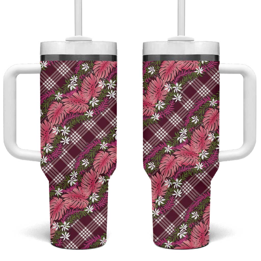 Polynesian Monstera Tiare Floral Tumbler With Handle Fuchsia Tropical Plaid LT01 One Size: 40 oz Pink - Polynesian Pride
