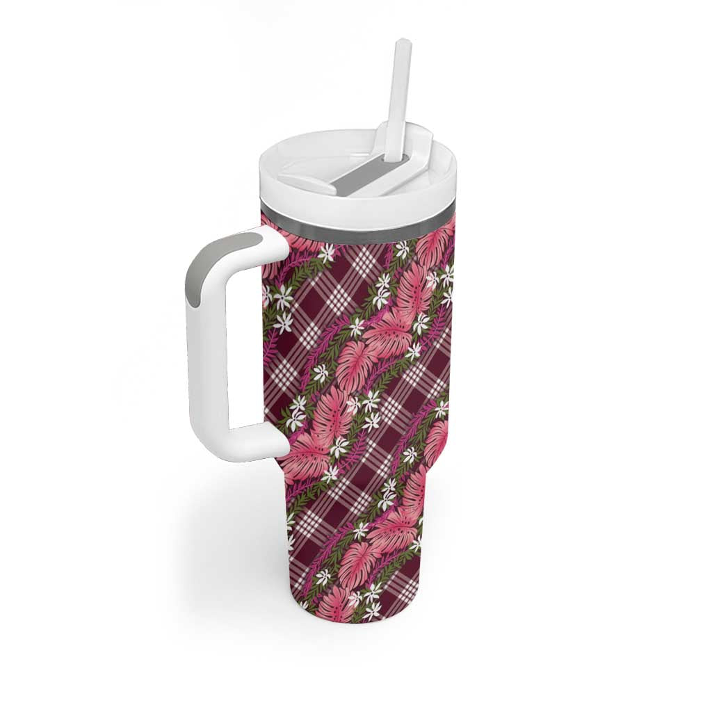 Polynesian Monstera Tiare Floral Tumbler With Handle Fuchsia Tropical Plaid LT01 - Polynesian Pride