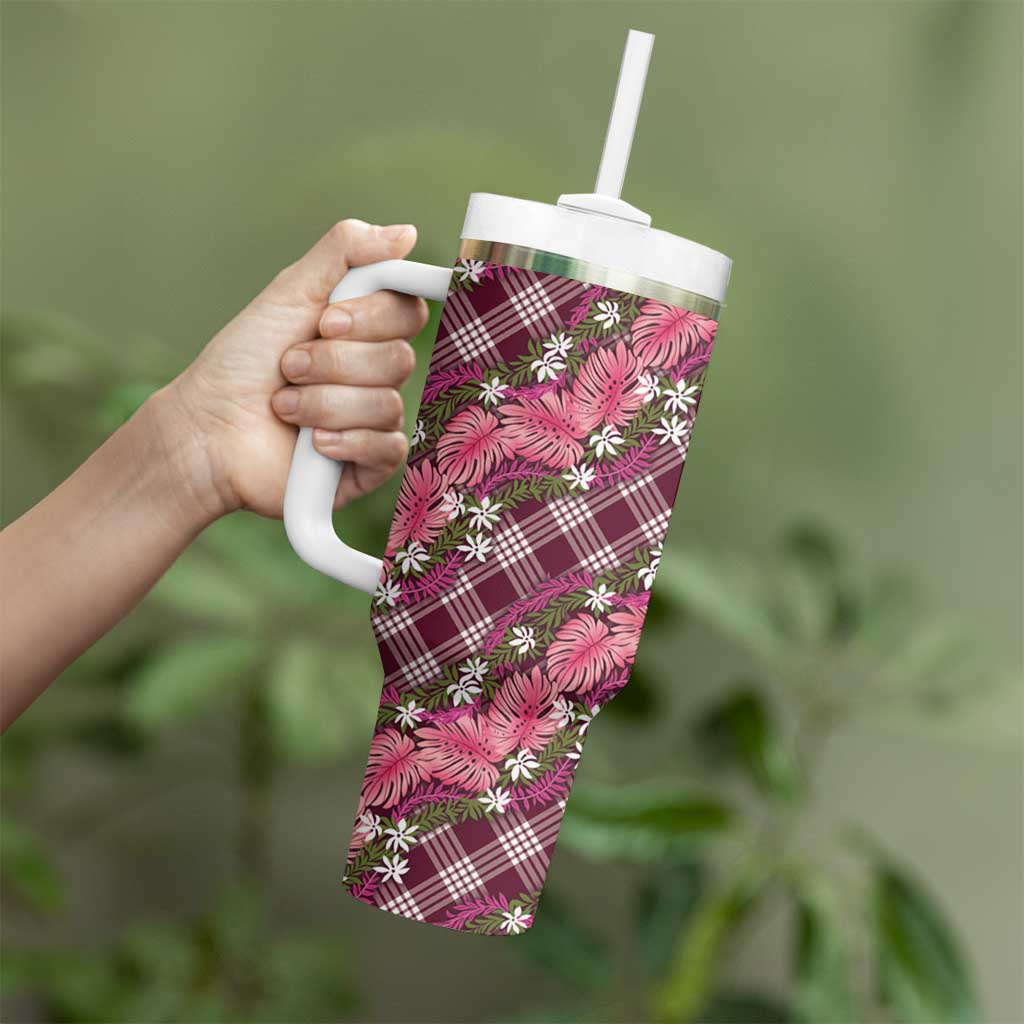 Polynesian Monstera Tiare Floral Tumbler With Handle Fuchsia Tropical Plaid LT01 - Polynesian Pride