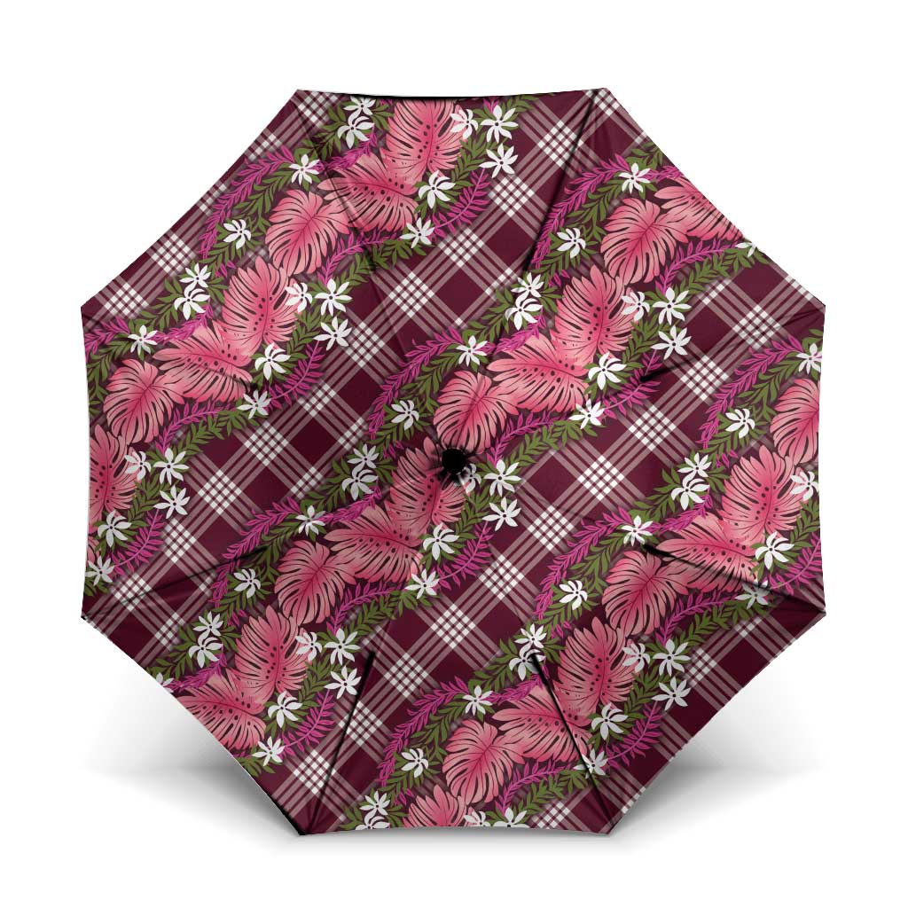 Polynesian Monstera Tiare Floral Umbrella Fuchsia Tropical Plaid LT01 One Size Folded 11.42 inch Opened Diameter 37.4 inch Pink - Polynesian Pride