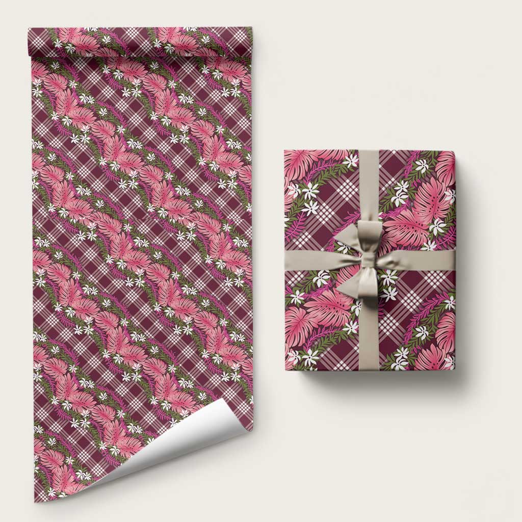 Polynesian Monstera Tiare Floral Wrapping Paper Fuchsia Tropical Plaid LT01 58" × 23" Pink - Polynesian Pride